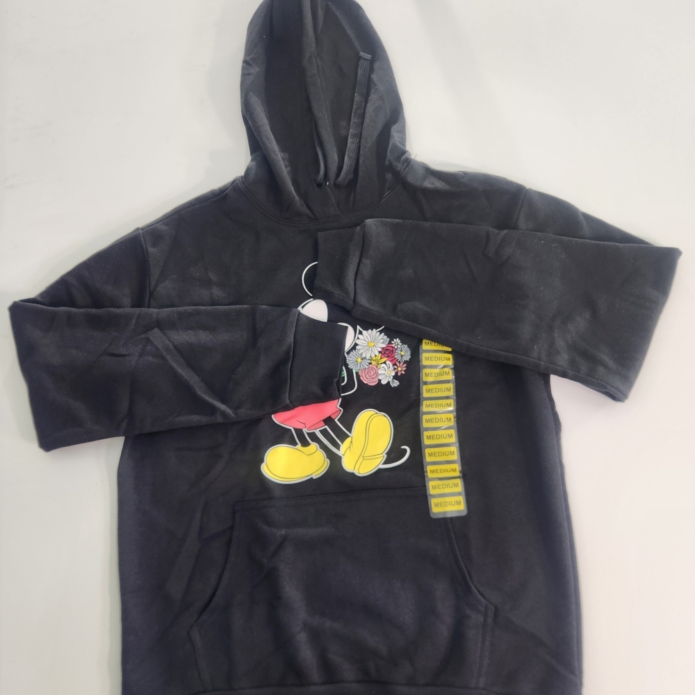 Disney Hoodie Size M Mickey Mouse Women's Black Embroidered Flowers New 01 - Picture 5 of 13